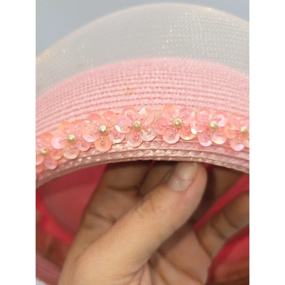 Mr Hi's‎ Classic Pillbox Hat Womens OS Pink Good Sequin Lace Floral Church Derby